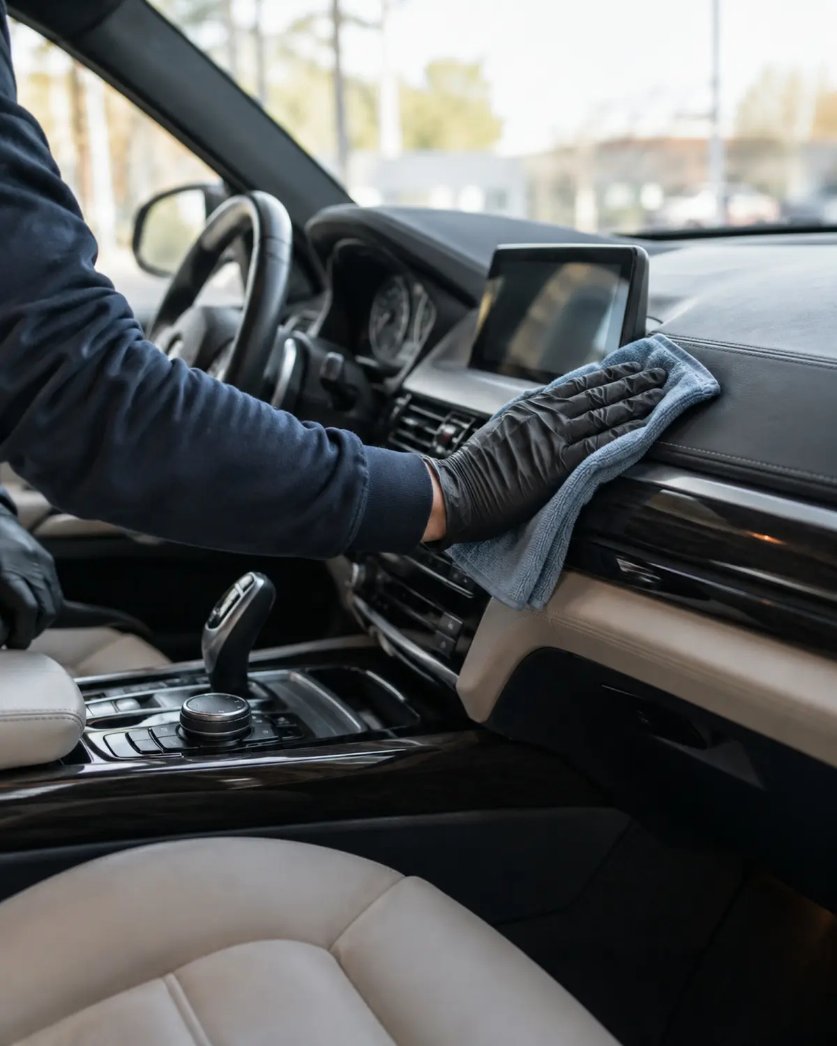 A gloved hand wiping a car dashboard with a microfiber cloth